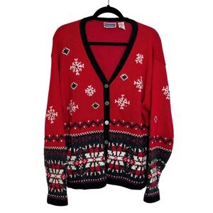 Vintage North Crest Holiday Christmas Snowflake Cardigan Sweater Size XL Red 90s